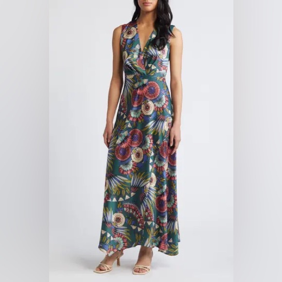 Sam Edelman | Feather Floral Satin Maxi Dress, Size 12 - Picture 1 of 9